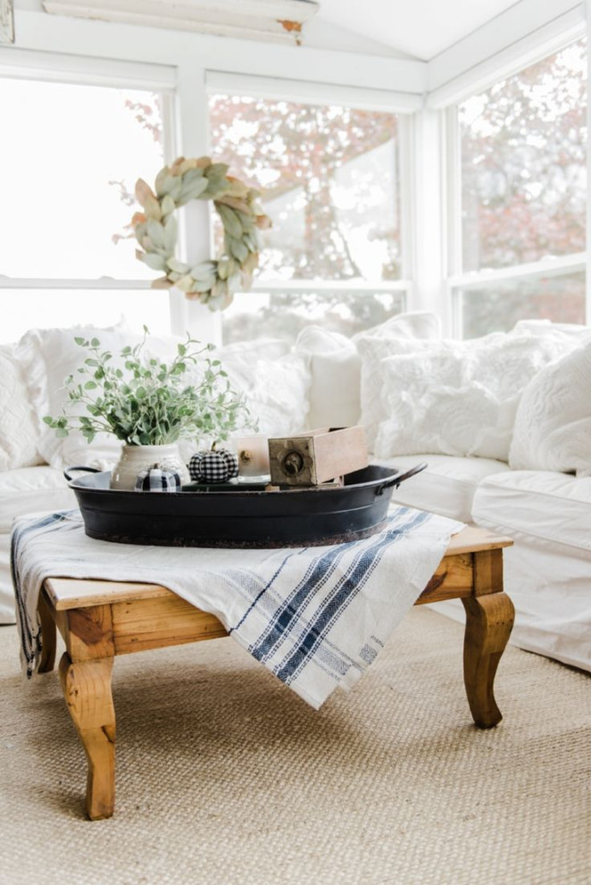 A Farmhouse Style Coffee Table In The Sunroom