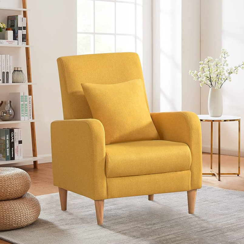 COLAMY Modern Upholstered Accent Chair Armchair with Pillow, Fabric Reading  Living Room Side Chair,Single Sofa with Lounge Seat and Wood Legs, Yellow