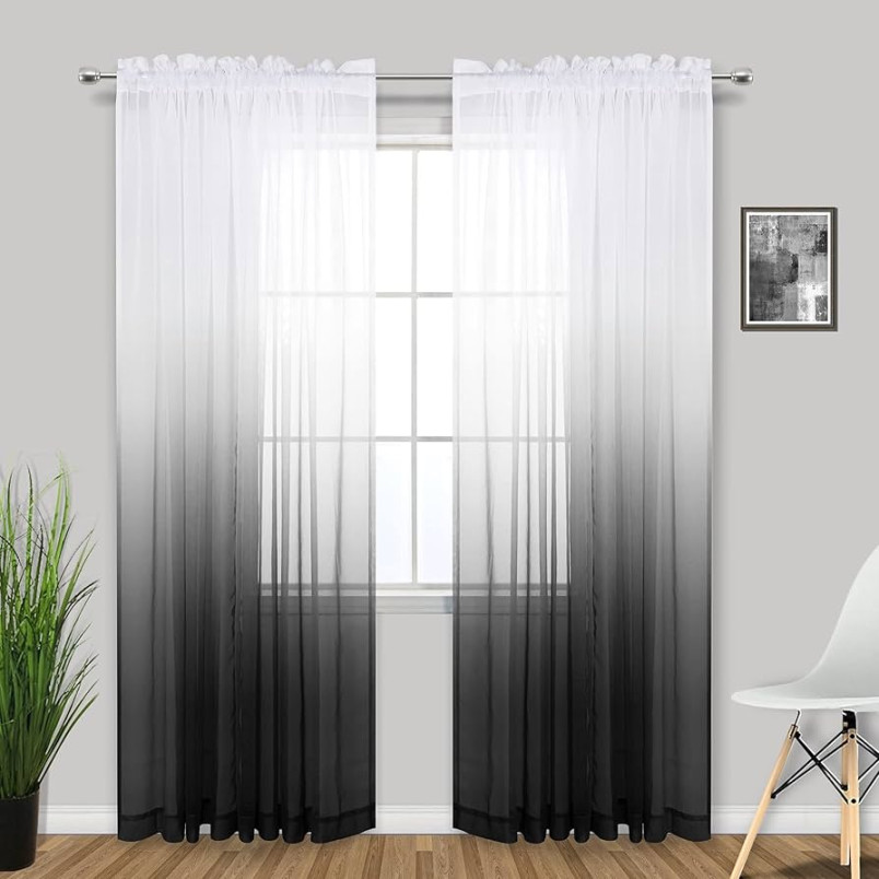 KOUFALL Modern Decorative Unique Faux Linen Ombre Semi Sheer White and  Black Sheer Curtains for Living Room Bedroom Boys Room Decor Teen  x