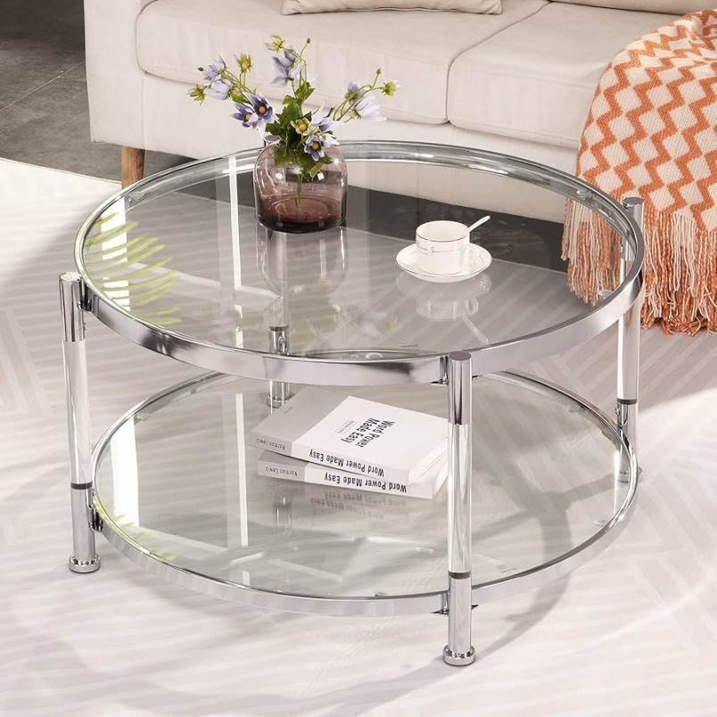 LifeSky Acrylic Glass Coffee Table - Round Coffee Tables with Metal Frame -  Modern Tea Table for Living Room Chrome