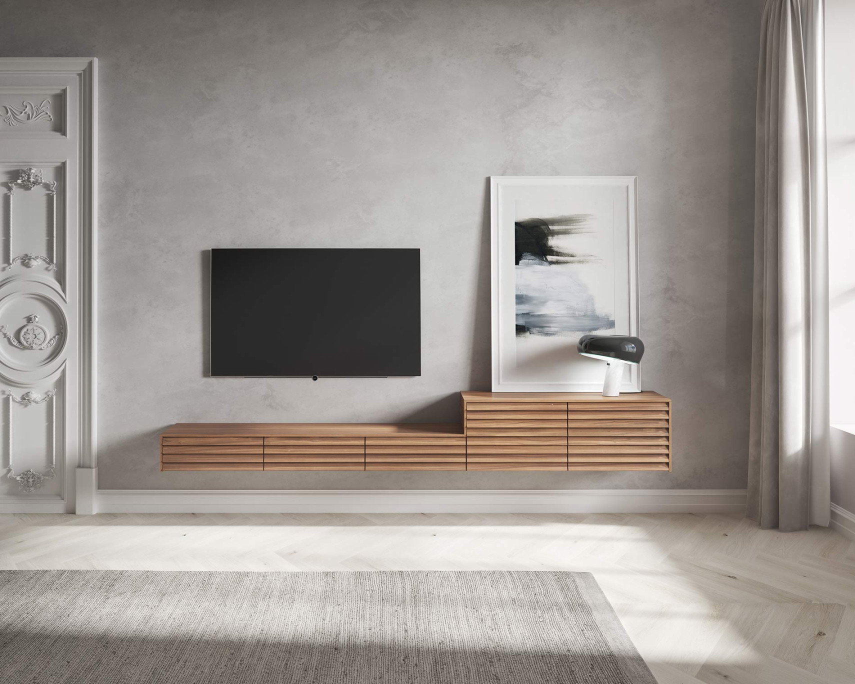 Living room with designer lowboard and TV wall panel