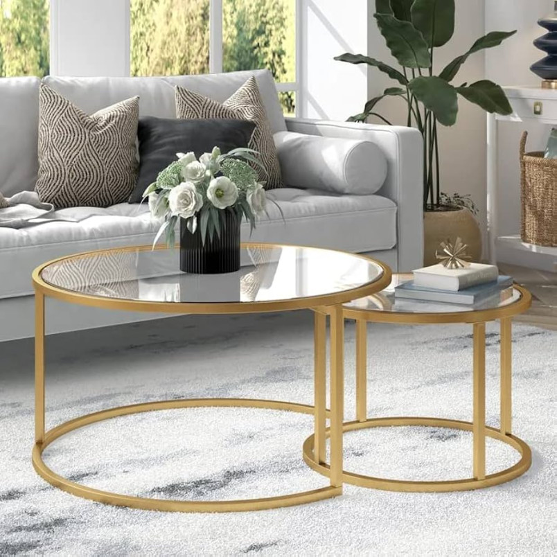 MAIKAILUN Round Nesting Coffee Table Gold Set of  for Living Room, Modern  Side Tables with Sturdy Metal Frame and Tempered Glass