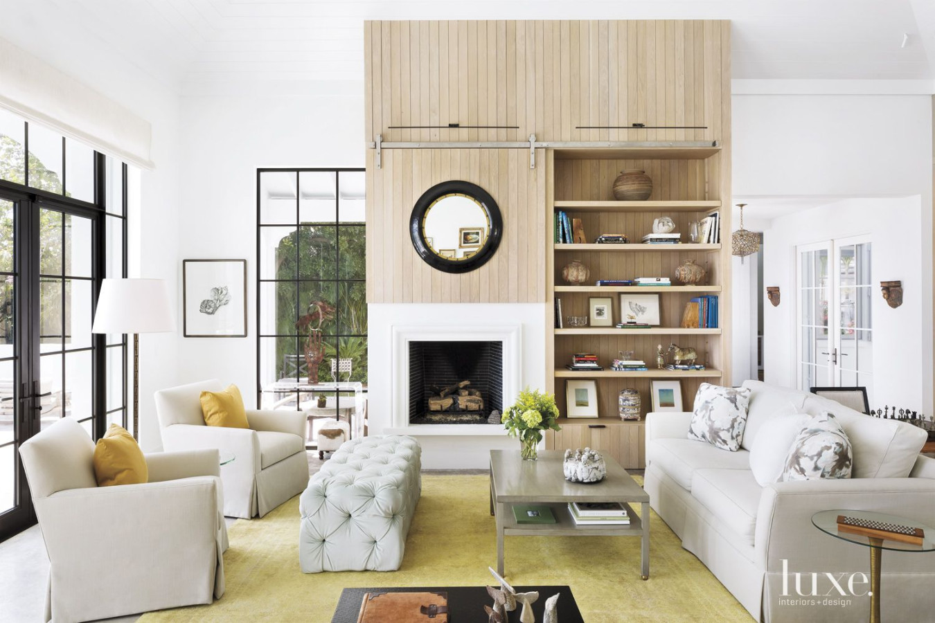 Modern Neutral Living Room with White Oak Wall  Luxe Interiors +