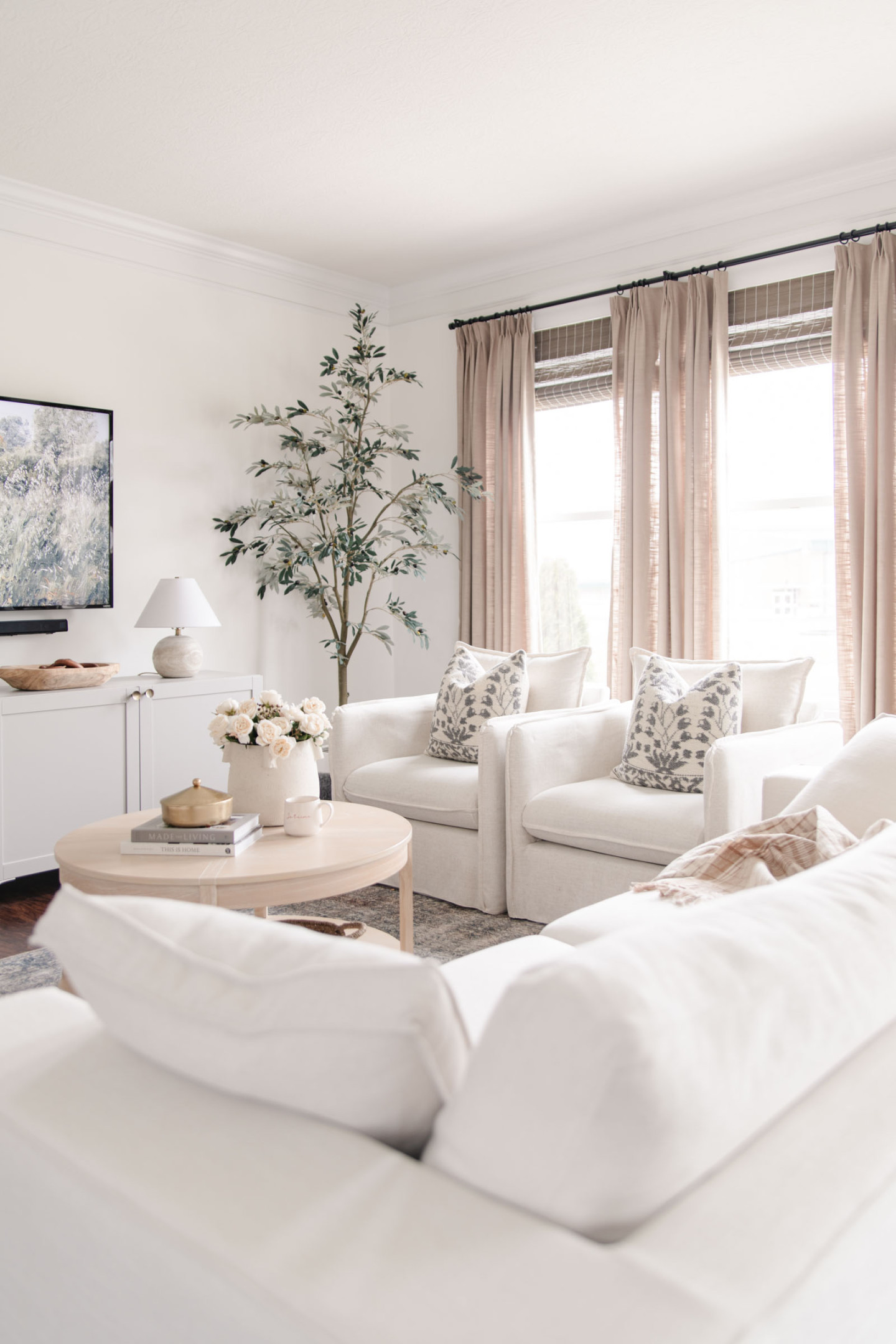 Organic Modern Living Room with White Furniture - Caitlin Marie Design