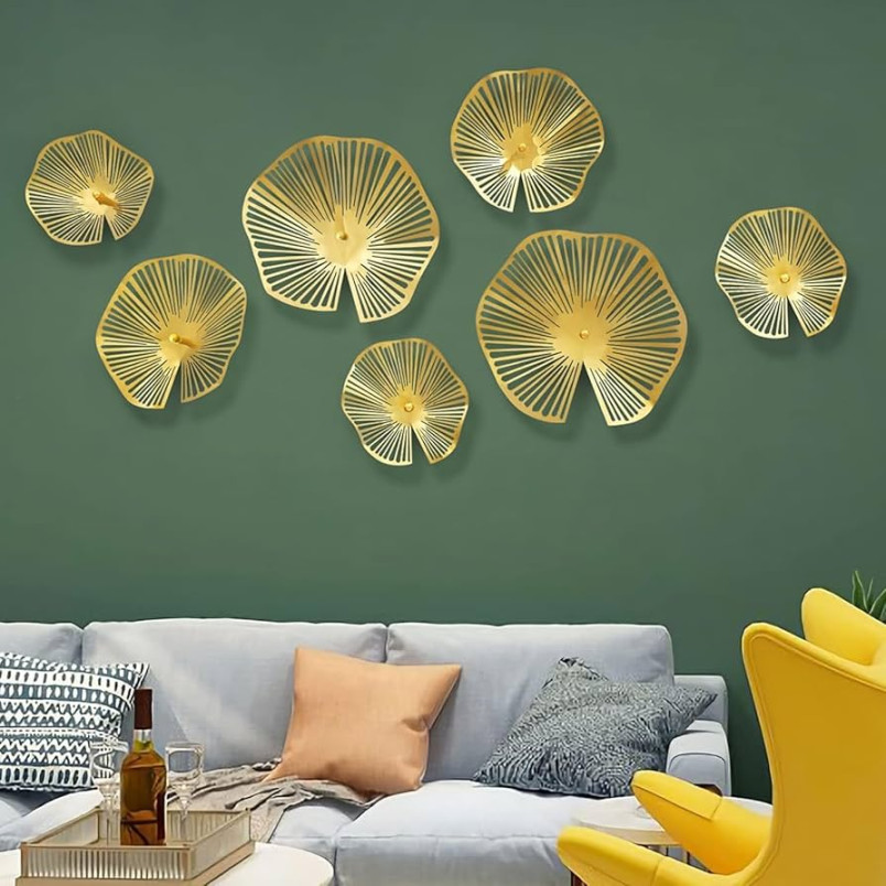 TEIPAI Gold Wall Decor Living Room, PCS Hollow Lotus Leaf Metal Wall Art  for Apartment Bedroom Small Room Decoration, Modern Wall Hanging Sculptures