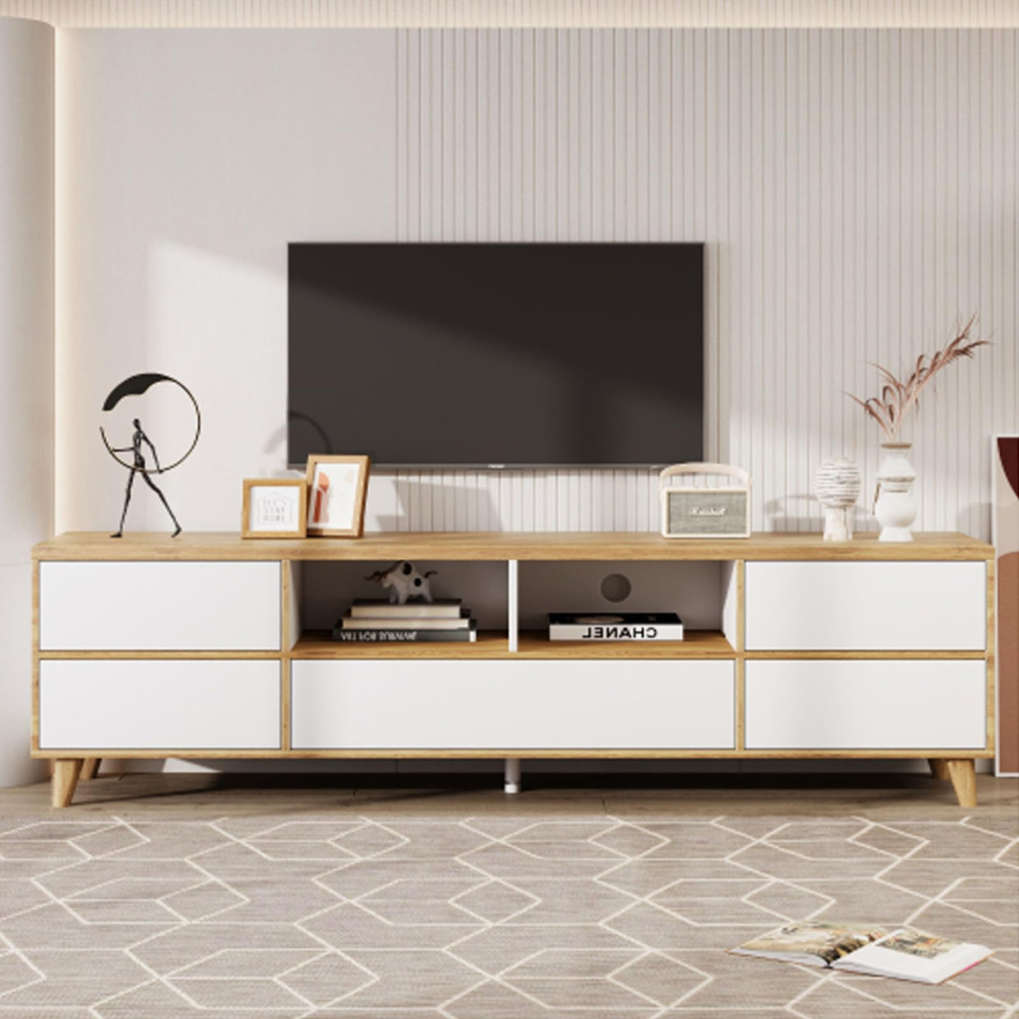 TV Cabinet Lowboard with Open Compartments and Doors Living Room Furniture  TV Table Cabinets Side Cabinet Sideboard for Living Room Furniture White