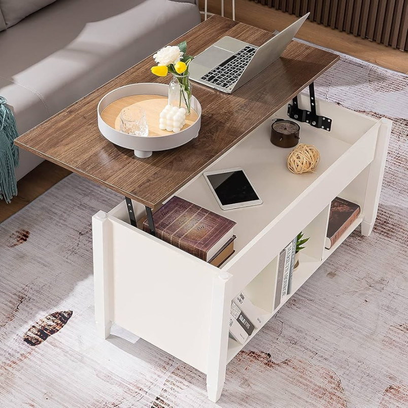 VINGLI Lift Top Coffee Table, White, with Storage Shelf/Hidden