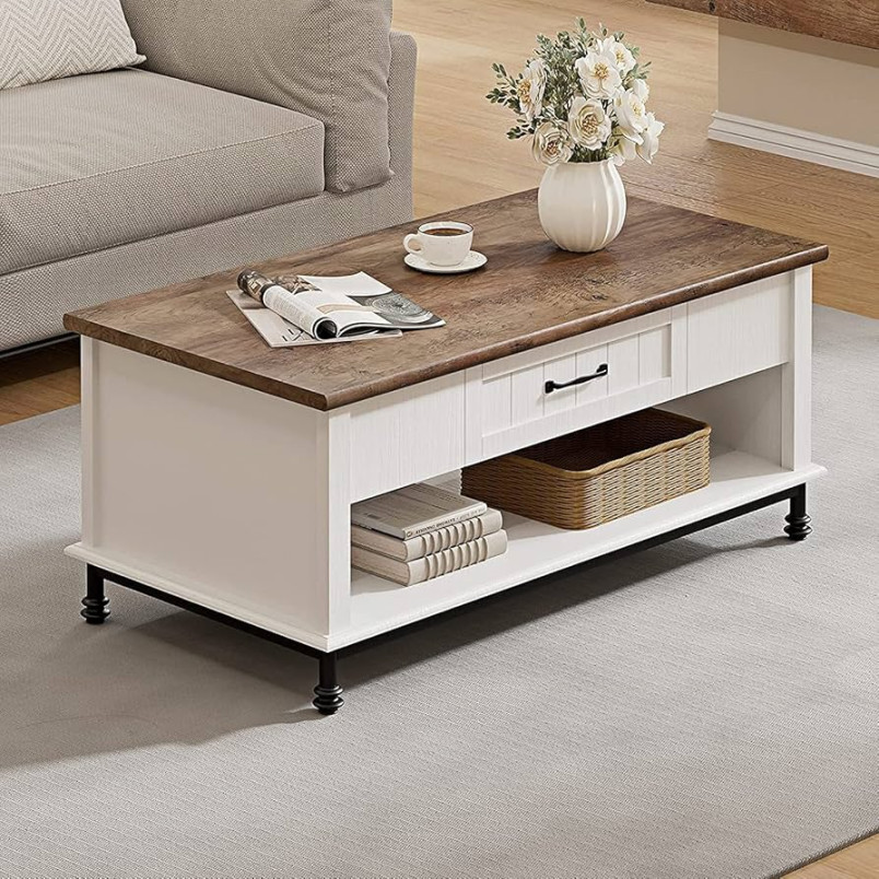 WAMPAT White Coffee Table with Drawer, Rectangle Center Table with